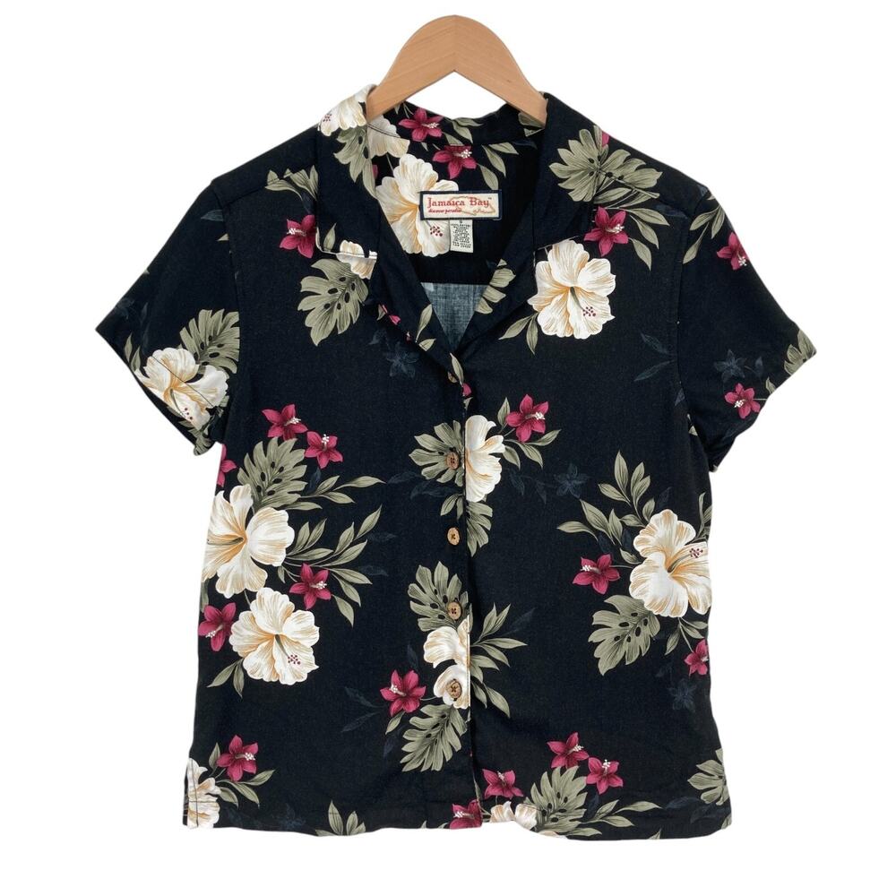 Jamaica Bay Hawaiian Shirt Womens S Black Floral Rayon Short Sleeve Button Down